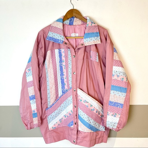 Vintage Jackets & Blazers - RARE Vintage Pink Quilt Patchwork Cottagecore Floral Grandma Barbie Chic Jacket